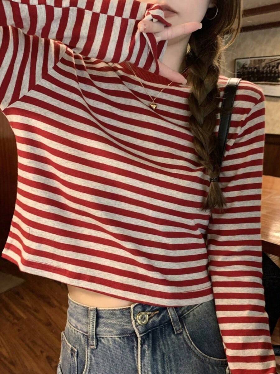 Las mujeres de América retro cuello redondo a rayas camiseta de manga larga, las mujeres de otoño e invierno de fondo interior de la camisa delgado diseño de la camiseta tops cortos - Rojo - Ver 1