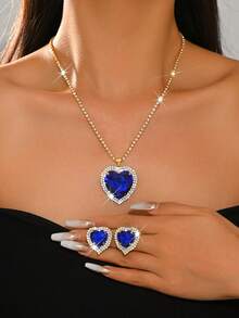 Luxury Red Heart-Shaped Gemstone Jewelry Set, Versatile Clavicle Chain, Bridal Wedding Dress Accessory - 1808 Blue-hB - View 1