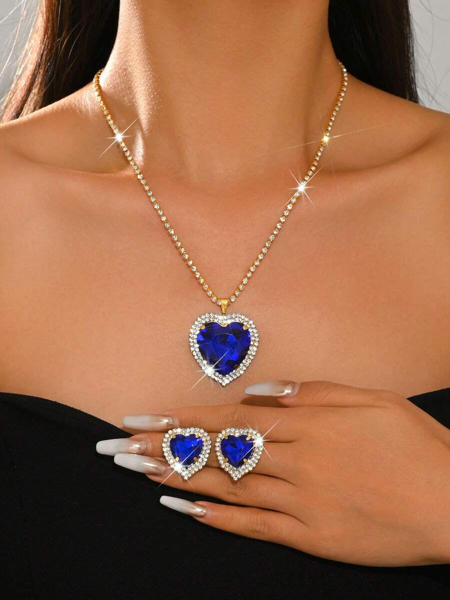 Luxury Red Heart-Shaped Gemstone Jewelry Set, Versatile Clavicle Chain, Bridal Wedding Dress Accessory - 1808 Blue-hB - View 1