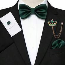 New Silk Bow Tie Set For Men, Available In 9 Colors, Includes Crown Flower Lapel Pin, Handkerchief And Cufflinks - A - View 11