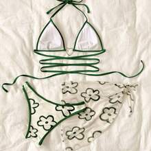Nuevo bikini de tres piezas estilo ins con tiras ajustables y diseño de corazón. - Verde - Ver 5