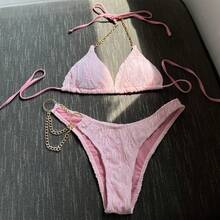 Bikini Sexy para Mujer con Decoración de Cadena y Cordones Ajustables – Traje de Baño Moderno - Blanco - Ver 5