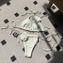 Nuevo traje de baño de dos piezas para mujer, de color sólido rosa, con tiras ajustables. - Morado - Ver 2