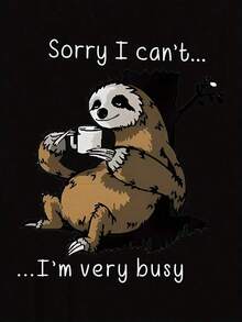 Women's Casual Sloth Print T-Shirt - "Sorry, I Can't... I'm Too Busy" Funny Animal Print T-Shirt, Soft And Stretchy, Crew Neck, Short Sleeve, For Summer And Casual Wear, Leisure Wear, Fun Design, Non-See-Through Material - 黑色 - 查看 2