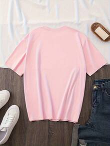 Tallas Grandes, Blusa de Manga Corta con Cuello Redondo de Tallas Grandes para Mujer - Corte Holgado Casual para Primavera y Verano, Tallas Grandes Adecuadas para Mujeres - Rosa - Ver 2