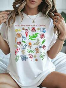Elegante y casual para mujer, manga corta, camiseta blanca con estampado de naturaleza colorido y una cita inspiradora: Todos prosperamos bajo diferentes condiciones. Ropa casual para mujer, moda de primavera y verano. - Blanco - Ver 8