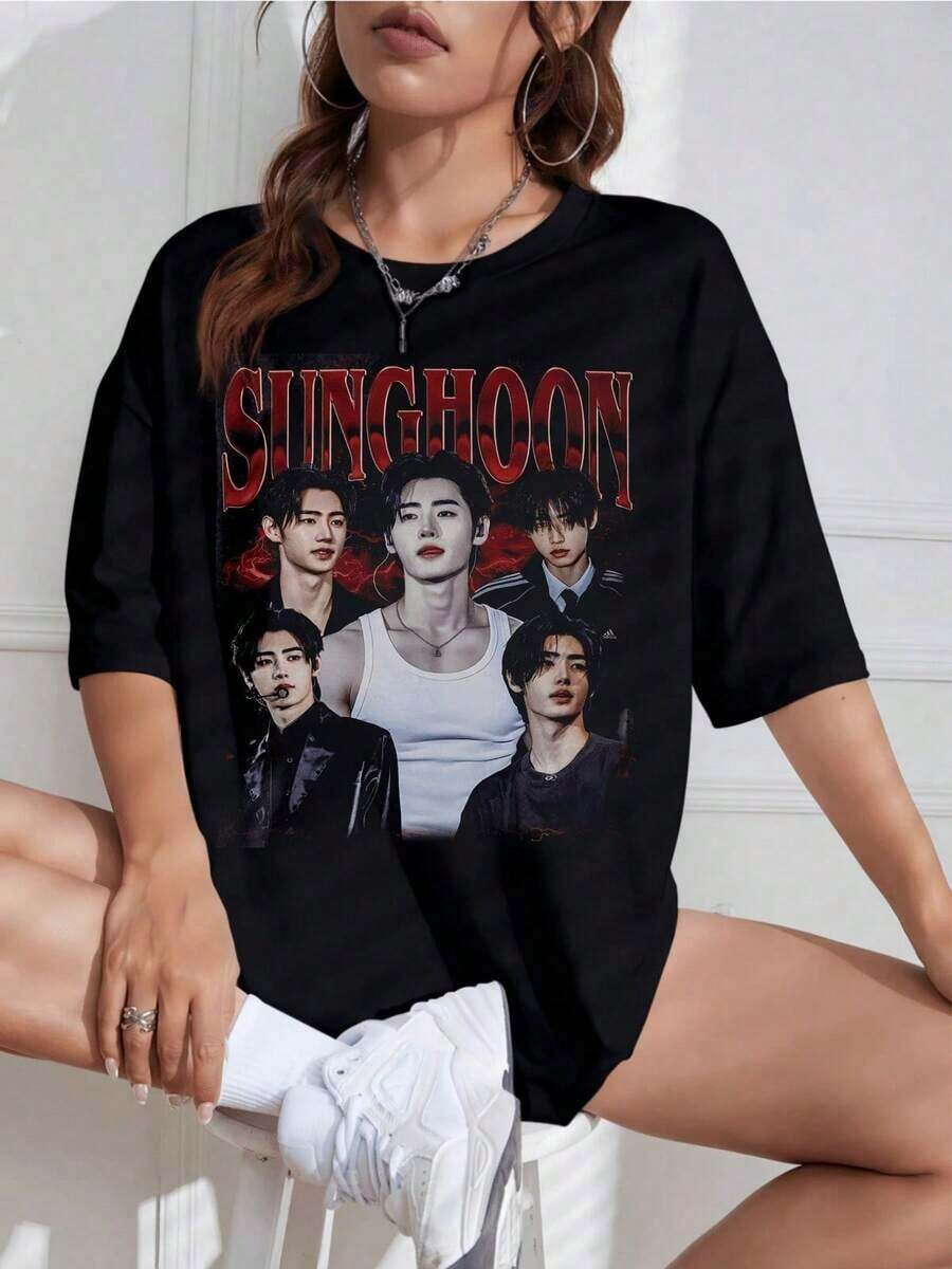 Camiseta Unisex con Estampado de Idol K-Pop Retro, Cuello Redondo, Manga Corta, Diseño Vintage, Ideal para Fans - Negro - Ver 1