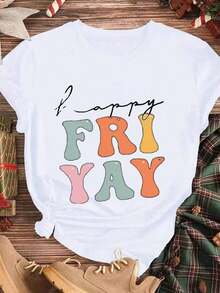 Elegante y casual para mujer, manga corta, camiseta Happy Friday con estampado Friday Fries And Yum, ropa casual blanca para mujer, verano 2024. - Blanco - Ver 3
