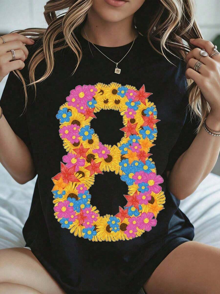 Elegant And Casual Women's Short-Sleeved T-Shirt With Floral Number Eight Print, Birthday Celebration, Sunflower And Star Print, White Casual Wear For Spring And Summer. - 黑色 - 查看 1