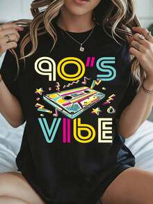 Camiseta elegante y casual de manga corta para mujer, estilo años 90, con estampado de cinta de casete y texto, ropa casual blanca para fiesta de los 90, atuendo de verano. - Negro - Ver 8