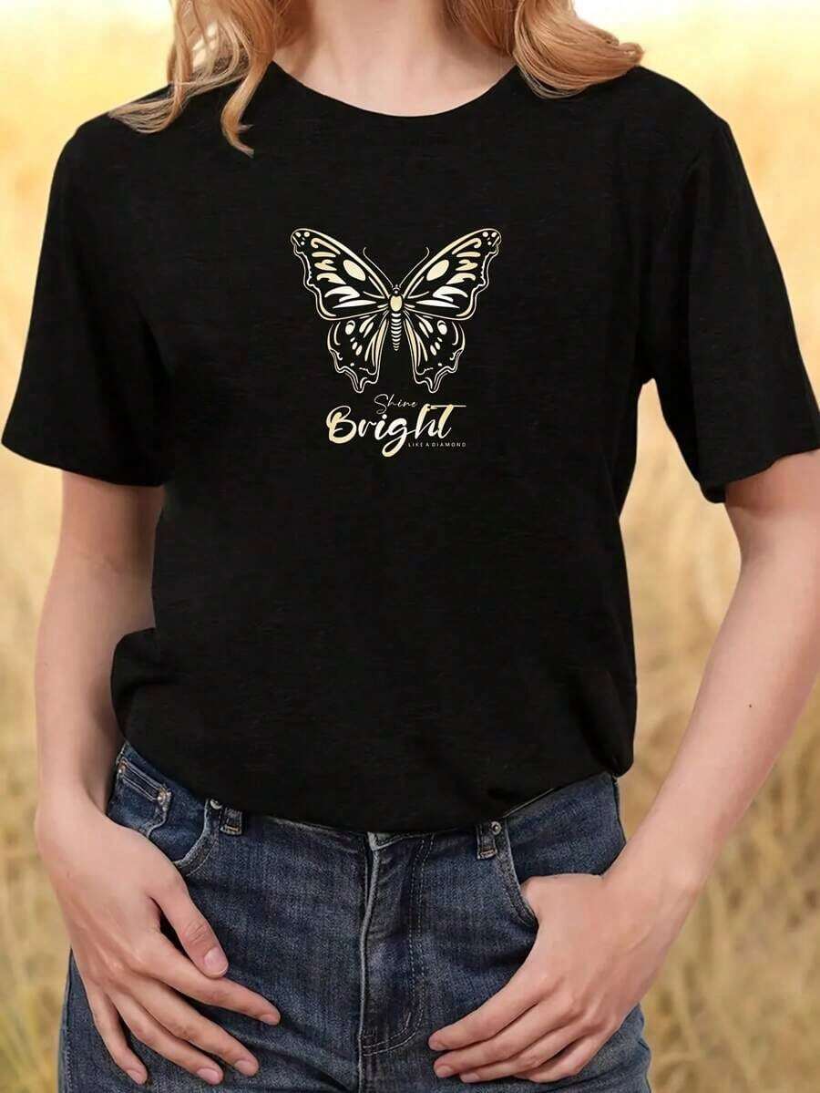 Camiseta de manga corta para mujer con cuello de mariposa y bloques de color - Top casual de cuello redondo, blusa transpirable y lavable a máquina para uso diario y ocasiones semi-formales - Camiseta cómoda para mujer - Negro - Ver 1