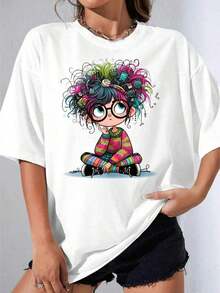 Black And White T-Shirt For Girls, Cute Oversized T-Shirt With Cartoon Girl Print, Colorful Hair And Glasses, For Casual Wear, Outdoor Parties, 180g Casual Printed T-Shirt - 白色 - 查看 7