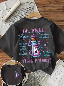 Camiseta de manga corta informal para mujer, estilo retro de los 90 con temática de "Poison" - Estampado de la poción de Kuzco y la letra de "Poison", cuello redondo, adecuada para entusiastas de la cultura pop (Camiseta con letras icónicas). - Negro - Ver 2