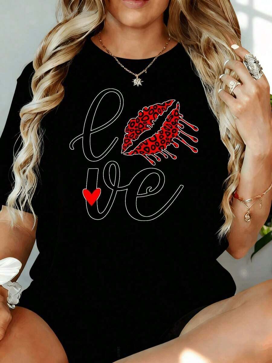 Camiseta con Estampado de Labios de Leopardo para Mujer, Corte Holgado Casual, Blanca, Regalo para el Día de San Valentín, Camiseta de Moda, 180g, para Ocio en Casa, al Aire Libre, Regalo para Fiesta de San Valentín - Negro - Ver 1