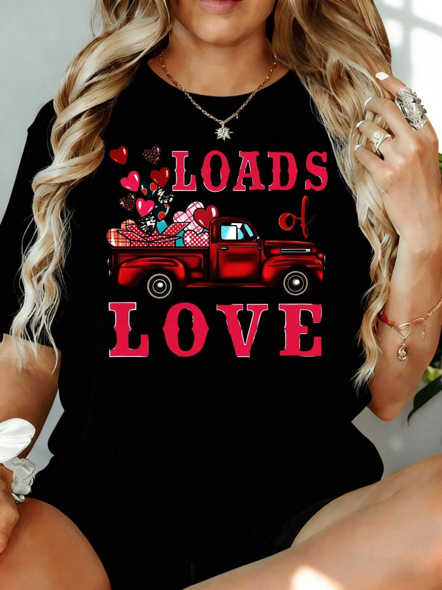 Camiseta con Estampado Gráfico de Camión de San Valentín "Muchos Amores" para Mujer, Estilo Casual, Bonito Estampado de Corazón, Regalo para el Día de San Valentín, 180g, para Uso en Casa, al Aire Libre, Regalo para Fiesta de San Valentín - Negro - Ver 1