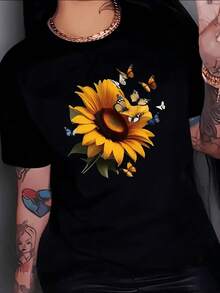 Gran girasol amarillo rodeado de mariposas que simbolizan esperanza alegría y la belleza del cambio reflejando energía positiva y libertad camiseta de mujer casual moderna cómoda y ligera - Negro - Ver 8