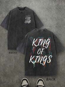 Camiseta Retro Lavada con Estampado a Doble Cara (Camiseta de 230 g de Algodón Puro) con Estampado de Letras y Corona 'YHWH REY DE REYES', Camiseta para Hombre, Casual, Cómoda, a la Moda, Estilo Urbano de Algodón - Negro - Ver 9