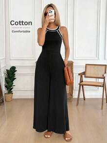 Mono de pierna ancha con contraste en el escote y la cintura, de tela de algodón cómoda, uso casual, relajado y elegante para la oficina/vacaciones para mujeres, primavera/verano - Blanco - Ver 2