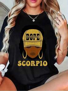 Ropa Curvy En Oferta Y  Una Camiseta De Manga Corta Para Mujer, Holgada Y A La Moda, Ideal Para Actividades Al Aire Libre En Primavera Y Verano, Con Un DiseñO Del Signo Zodiacal Escorpio - Negra Con Detalles De Sombrero Y Aretes Dorados, Con La InscripcióN SCORPIO, Un Top Casual De Manga Corta Con Cuello Redondo, Perfecto Para La Temporada De Escorpio Y Para Uso Informal, Una Prenda De TemáTica AstrolóGica Adecuada Para Todas Las Estaciones.Blusas Para Mujer,Blusas Casuales Para Dama,Tops,, Mujer Premium,Y2K,Playeras De Mujer Curvy,Ofertas Y Liquidaciones Ropa Mujer,Playeras Deportivas Para Mujer,,Playeras De Hombre, Mujer,Blusas>Elegante XAW1Camisetas Para Mujer Y2K - Negro - Ver 9