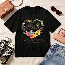 Romantic Floral Heart, Less Expectations More Appreciation, 100% Cotton Oversized Soft Breathable Casual Crewneck Short Sleeve Top, Spring Vibes Aesthetic Summer Style - Negro - Ver 1
