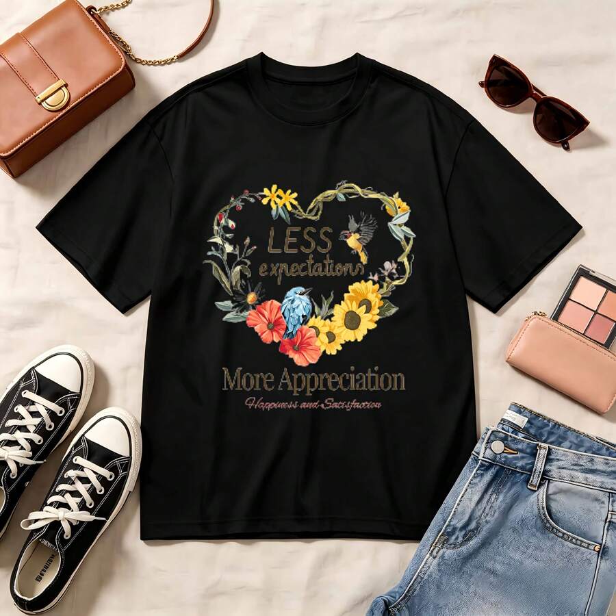Romantic Floral Heart, Less Expectations More Appreciation, 100% Cotton Oversized Soft Breathable Casual Crewneck Short Sleeve Top, Spring Vibes Aesthetic Summer Style - Negro - Ver 1