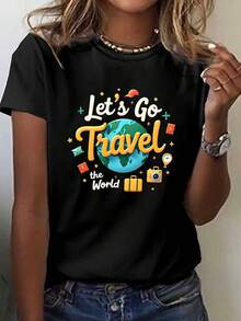 Women's Global Travel Theme T-Shirt - Short Sleeve Crew Neck T-Shirt With Prints Of The Eiffel Tower, Statue Of Liberty And Sydney Opera House - Casual Spring/Summer T-Shirt For Travelers. - 黑色 - 查看 7