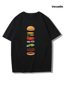 Short-Sleeved T-Shirt With A Fun Hamburger Decomposition Diagram Print, Custom Pattern, Pure, Modern, And Versatile Unisex Short-Sleeved Top. - 黑色 - 查看 1