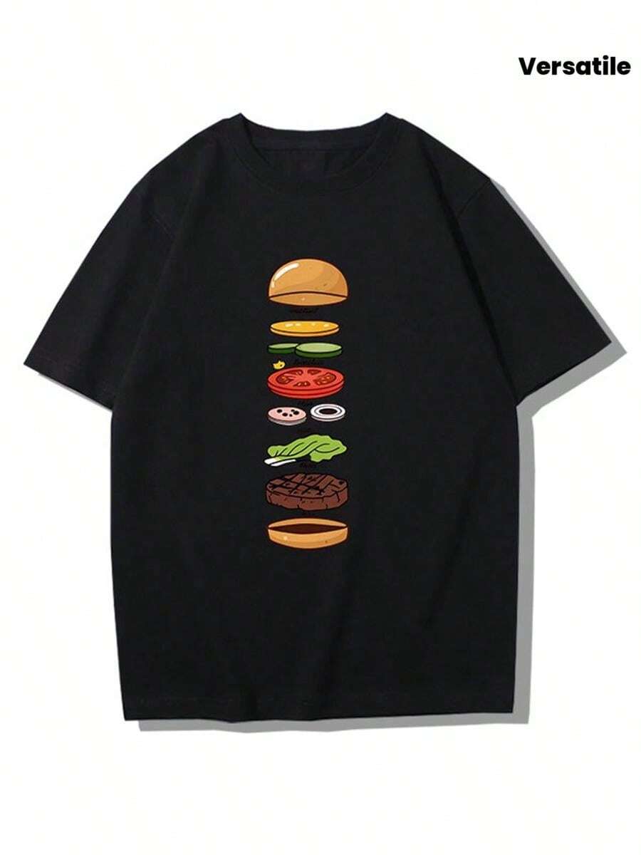 Short-Sleeved T-Shirt With A Fun Hamburger Decomposition Diagram Print, Custom Pattern, Pure, Modern, And Versatile Unisex Short-Sleeved Top. - 黑色 - 查看 1