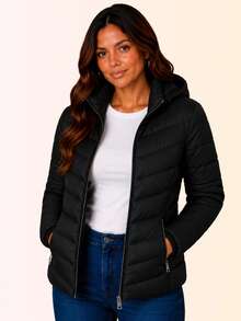 Women's Slim Fit Puffer Jacket With Removable Hood, Waterproof Winter Coat - 黑色 - 查看 4