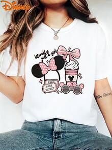 Disney Genuine Women'S Summer Clothing Minnie Mouse Theme Pattern, Including Bow, Park Ticket, Ice Cream Cup And Glasses Elements Women'S T-Shirt Top Summer New Short Sleeve T-Shirt Women'S Casual Fashion Printed T-Shirt Women'S Elegant Women'S Clothing T - 白色 - 查看 6