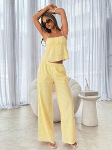 Conjunto de 2 piezas de camiseta de tirantes y pantalones a rayas de moda casual para mujer - Amarillo - Ver 6