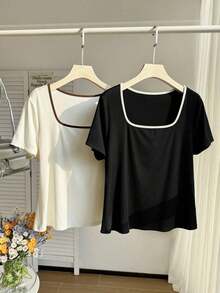 Set de 2 camisetas casuales de mujer con cuello cuadrado y manga corta, ajustadas y sexys, adecuadas para el verano - Multicolor 4 - Ver 10