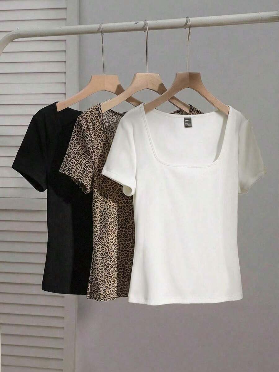 Set de 2 camisetas casuales de mujer con cuello cuadrado y manga corta, ajustadas y sexys, adecuadas para el verano - Multicolor 5 - Ver 1
