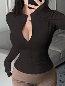 Chaqueta casual de ajuste ceñido con cuello alto y cremallera para mujer, para otoño e invierno - Negro - Ver 3