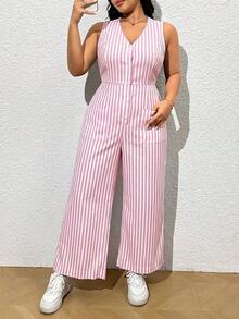 Enterizo casual sin mangas de talla grande con cuello en V y estampado de rayas con botón de un solo pecho - Rosa - Ver 5