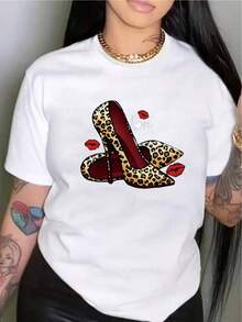 Camiseta Casual de Verano para Mujer, con Cuello Redondo, Ajustada y Manga Corta, con Estampado de Pintura al Óleo, Floral, Corazón, Cereza y Patrones de Letras.Tejido Casual Simple, Estilo Deportivo, para Uso Diario y un Citas de San Valentín. - Blanco - Ver 11