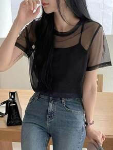 Blusa de mujer de unicolor con cuello redondo, manga corta de malla, top de salida de verano transparente - Negro - Ver 10