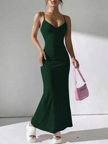 Vestido de encaje ajustado, elegante y romántico para cita nocturna, Día de San Valentín, con tirantes finos y largo, para fiesta de verano - verde oscuro - Ver 1