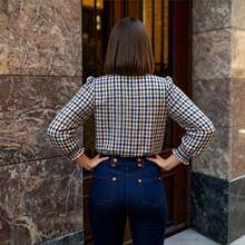 Camisa elegante y casual de mujer con mangas largas a cuadros, cuello en V, decorada con volantes.Puño ancho de panal.Cierre con botones, blusa elegante y con estilo para primavera/verano - Colores mixtos - Ver 6
