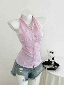 Blusa sin cuello, de corte ajustado, de rayas azules y blancas, sin mangas, de estilo casual para mujer - Rosa - Ver 5
