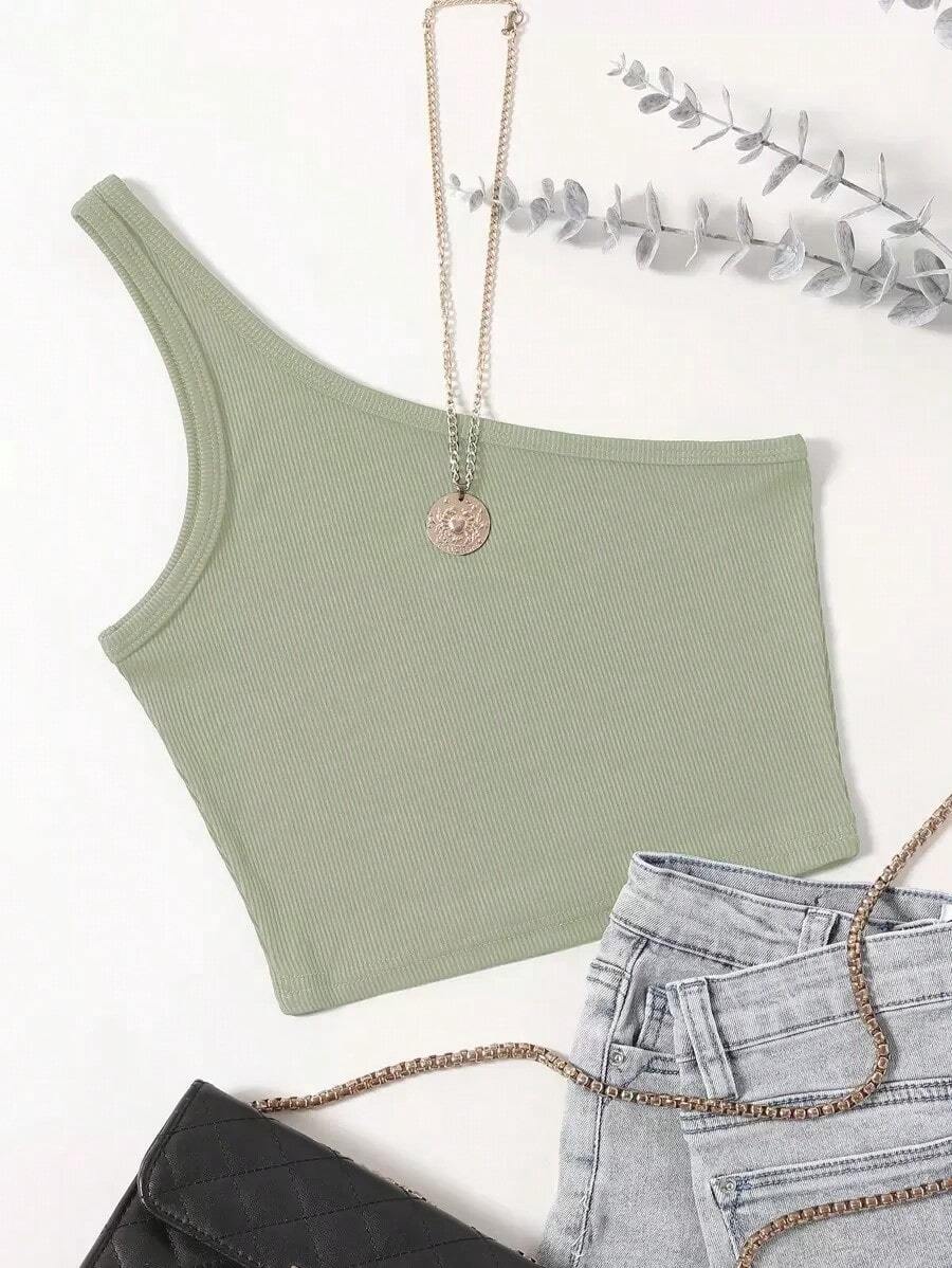 Blusa asimétrica de hombro casual de unicolor para mujer - verde menta - Ver 1