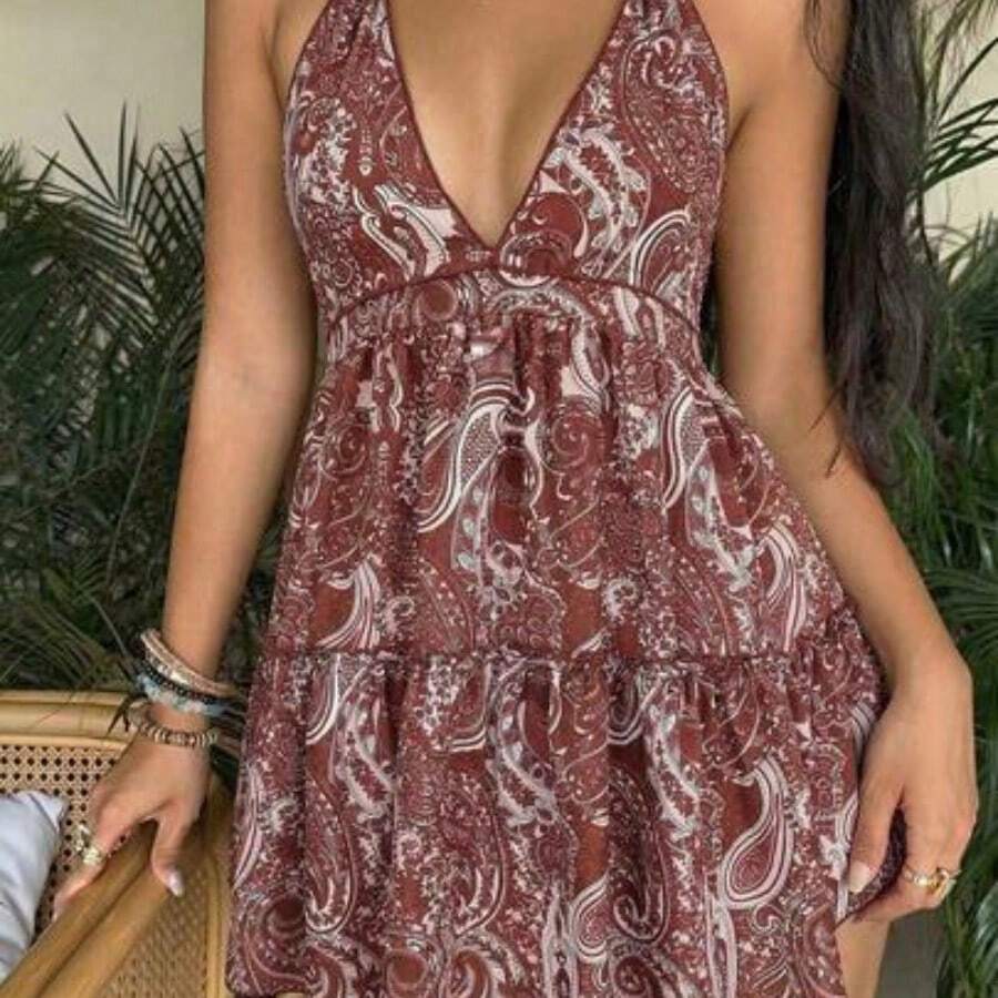 Women's Casual Vacation Daily Versatile Fashionable Bohemian Print Backless Tie Bow Halter Dress, Spring/Summer - Rojo violeta - Ver 1