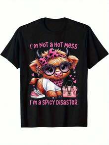 1 Women's Black Highland Cow Print T-Shirt, Round Neck, Casual Cotton Knit Fabric, Medium Elasticity, Regular Fit, Suitable For Women To Wear In Spring/Summer/Autumn, Ideal For New Year, Valentine's Day And Other Occasions. - 黑色 - 查看 7
