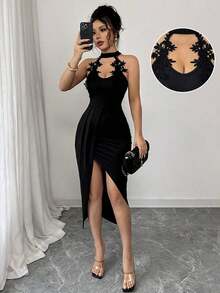 Vestido maxi ajustado con cuello en V, sin mangas, con decoración de encaje y abertura alta, elegante para mujer.Adecuado para vacaciones, citas, reuniones diarias y uso en fiestas, primavera/verano - Negro - Ver 1