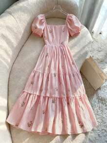 Vestido de diseño con cuello cuadrado, mangas de pétalos, abotonadura sencilla y volantes en la cintura con estampado floral francés delicado - Rosa - Ver 2