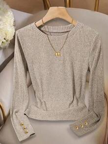 Elegante camiseta de punto de cuello redondo, top de punto minimalista de moda, otoño/invierno - Gris Claro - Ver 8