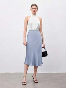 Falda básica de corte A para mujer, adecuada para ir al trabajo, negocios, uso casual, oficina, atuendo formal elegante para damas, otoño - Azul - Ver 3
