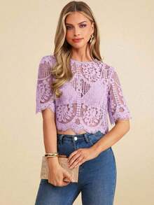 Blusa suelta de manga corta con encaje elegante para mujer, adecuada para la temporada de bodas, citas, primavera y verano, color: Blusa de verano casual de primavera y verano para mujer Blusa blanca Blusa bohemia Blusa de ojal Blusas de verano par - Púrpura malva - Ver 5