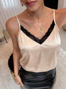 Camiseta de satén con lunares de color café con leche elegante para mujer, camiseta de encaje, top de moda para salidas, reuniones y vacaciones en primavera/verano - Albaricoque - Ver 1