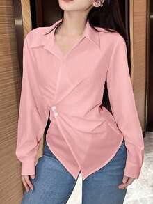 Blusa larga de manga larga con nudo de mujer, color liso, camisa de mujer para primavera y otoño, blusas de manga larga - Rosa vieja - Ver 4